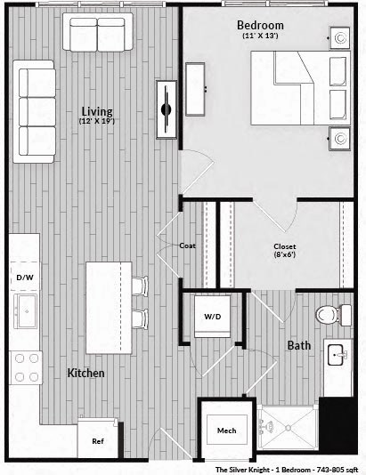 Floor plan for 1 bed, 1 bath, 805 sqft